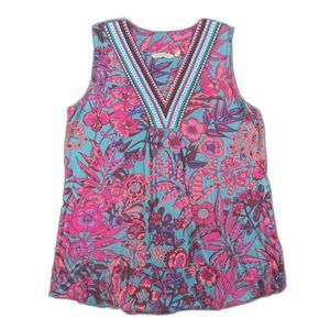 Soft Surroundings Embroidered V-Neck Knit Tank Top Pink Teal Floral sz L Boho